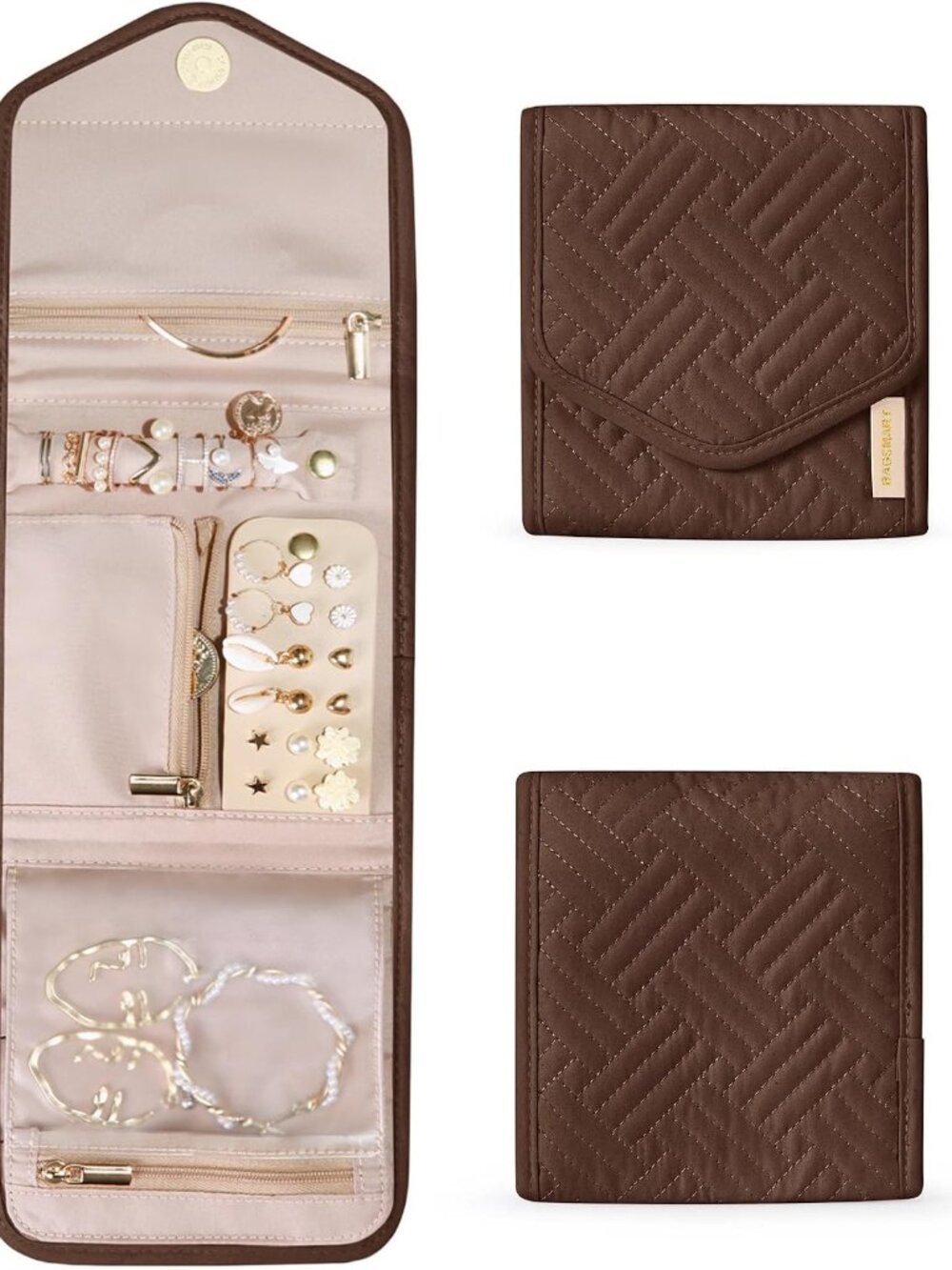 Travel Jewelry Organizer Case Foldable Jewelry Roll, Coffee Brown